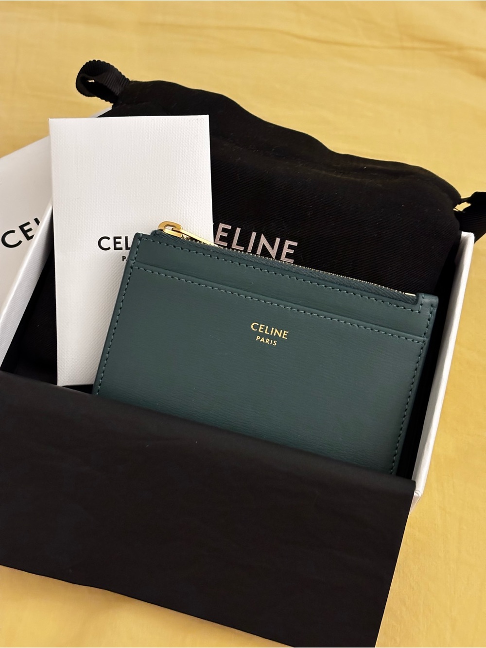 Celine zipped card holder in Green Smoke